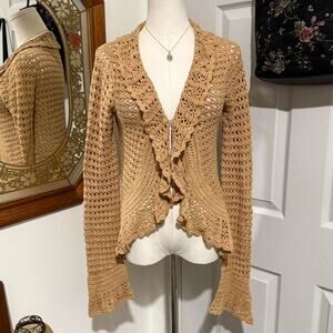 VTG Y2K Too Hot Tan Cotton Blend Open Knit Crochet Bell Sleeve Ruffled Cardigan